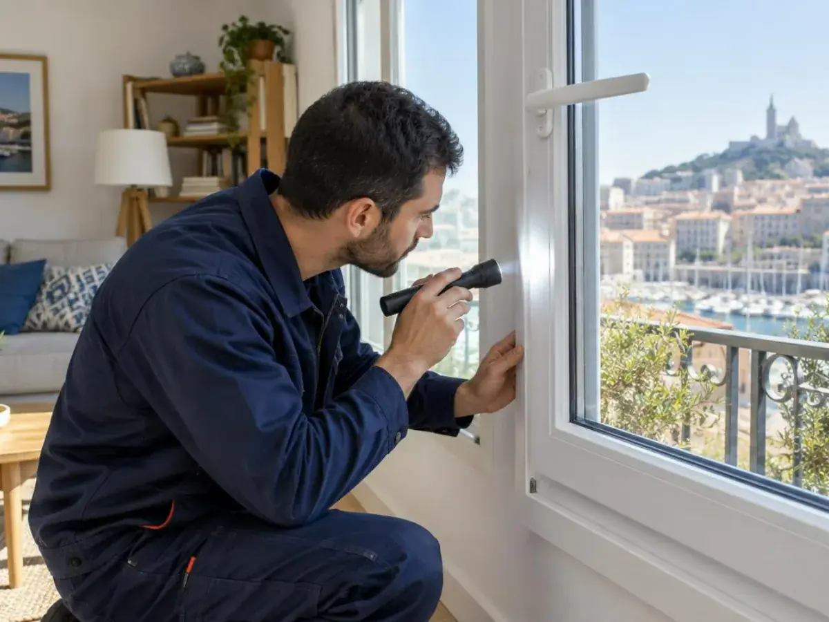 Technicien inspectant le dormant d'une fenêtre PVC avec une lampe torche dans un salon marseillais