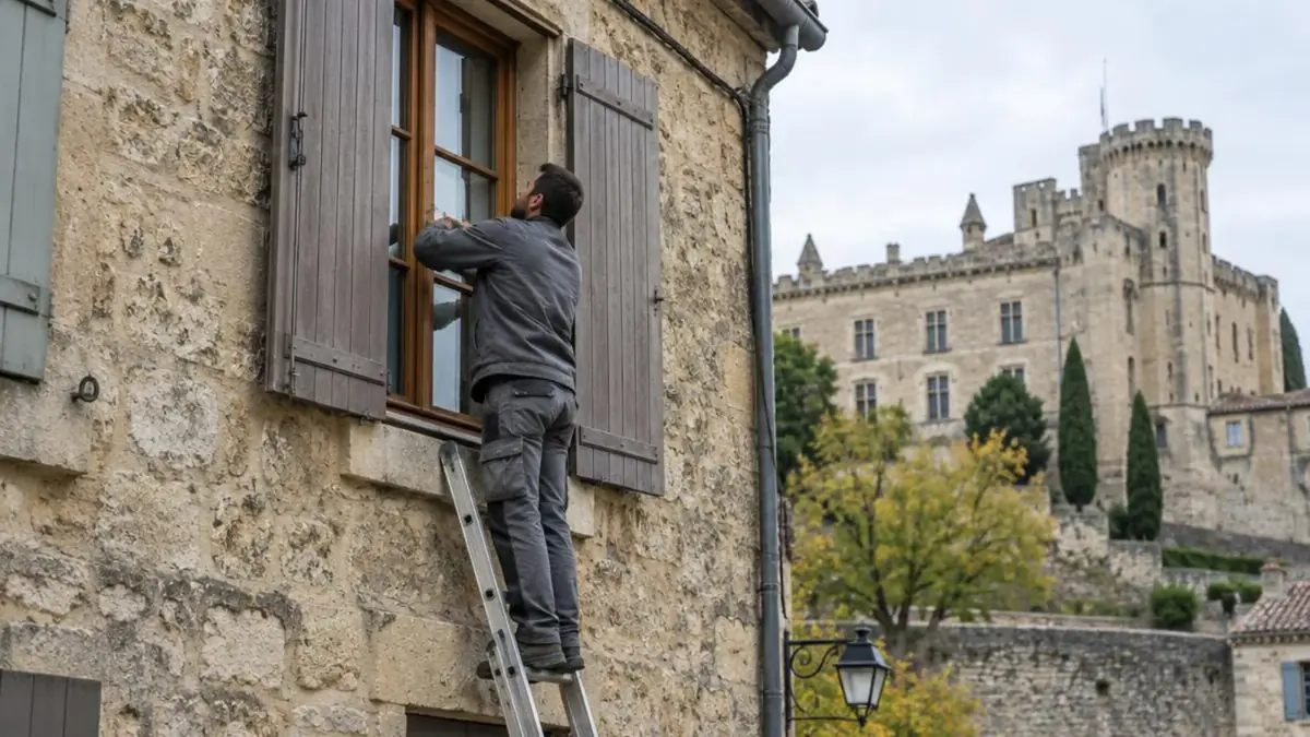 Façade ancienne près du château de l'Emperi, technicien ajustant une fenêtre en bois au premier étage