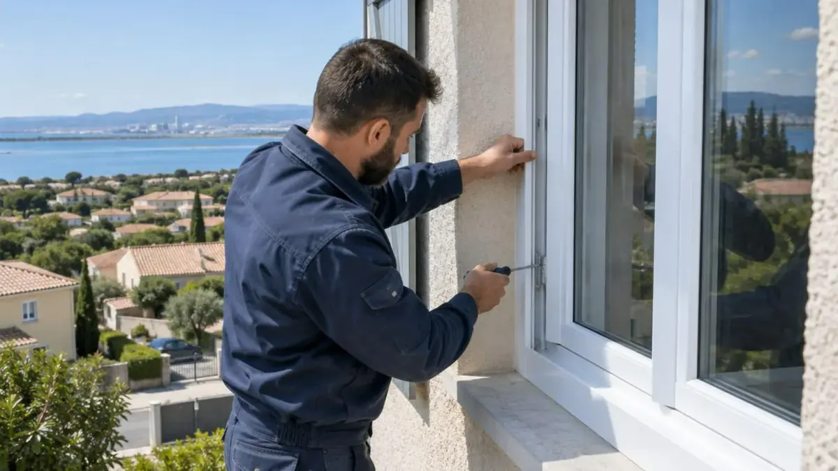 Technicien réglant une fenêtre PVC blanche d'un pavillon de Vitrolles, étang de Berre au loin